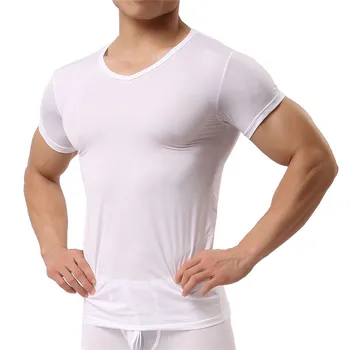 7521 Onderhemd Ijs Zijde T Тениски Mannelijke Nylon V-hals Korte Mouwen Върховете Ultra-Dunne Koele Nachtkleding Hemd