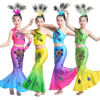 Детски рокли за момичета на Традиционната Китайска Облекло Паун Дай Танцови Костюми Сценичното Представяне на Традиционната Празнична Облекло Ханфу