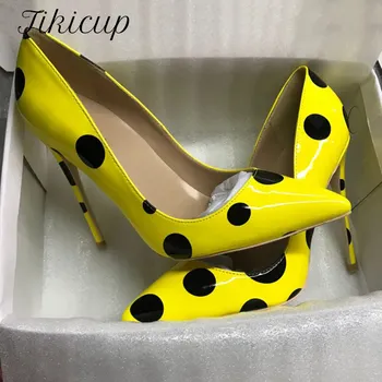 Tikicup/дамски лачени жълти обувки на Точки На Висок Ток с остър пръсти, Модни обувки-лодка На висок ток в Италиански Стил, Елегантни Дамски официални Обувки