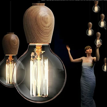 Тайланд Внос Дъб винтидж висящи осветителни тела промишлени Едисон окачен лампа дърво закрит подвесное осветление за заведения