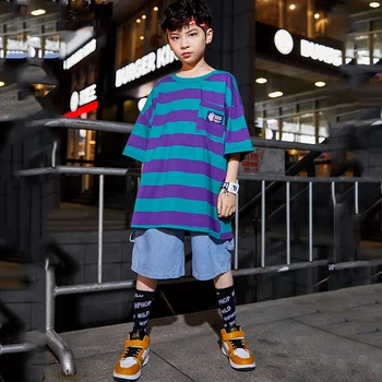 Детски костюм в стил хип-хоп, Тениски, Дънкови Шорти, корейски красив костюм в стил хип-хоп за Момчета, дрехи за джаз танци, DWY3565