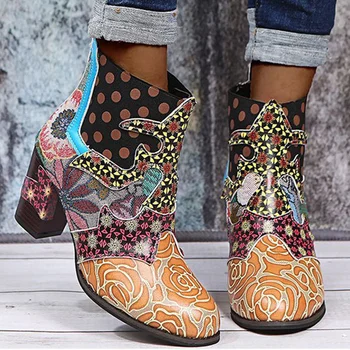 2021 Нови Обувки Женски Удобни Дамски Ботильоны със страничен цип Дамски Модни дамски обувки в стил ретро с цветен дизайн Дамски Обувки