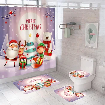 Дядо Коледа Принт Непромокаема Завеса За Баня Зимния, Снежен Човек Коледен Карикатура Дизайн Подложка За Баня Набор От Полиестер Тоалетни Постелки Килим
