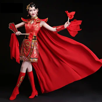 Китайски женски общ Модерен барабана танцов костюм яке + наметало талия барабан водна барабана отваряне на танцов костюм общи cosplay облекло