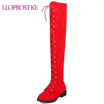 Lloprost ke/зимни обувки-гладиатор; дамски зимни ботуши над коляното на дебелите ток от Флока; дамски топли ботуши с преминаването каишка; Размер на 46 D506