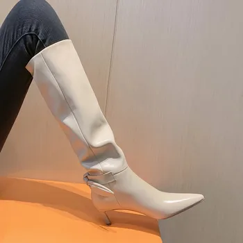 Arden Фуртадо/Новост 2021 г.; есенно-зимни модни дамски обувки; Обувки на висок ток с остър пръсти и лък; ботуши до коляното на високи токчета; женски