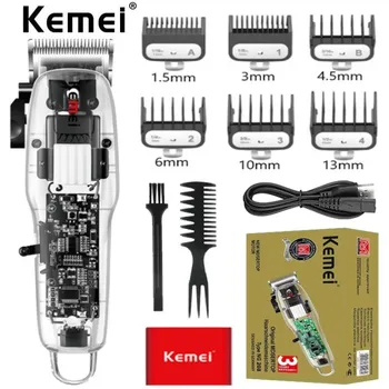 Kemei KM-NG208 USB Прозрачен Машина За Рязане на окосмяването по Тялото Електрическа Безжична Машинка за подстригване На Коса Фризьорски салон, Професионална Машина за Рязане на Коса за Мъже