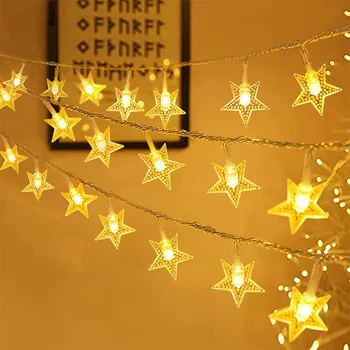 Коледна Звезда Фея венец светлина Открит 10/20/50 м LED Петолъчна Звезда Венец Сватба Фея Светлина За Сватба Новогодишния Интериор