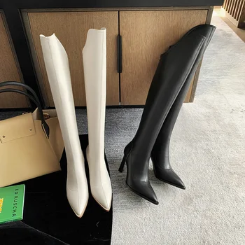 MKKHOU/модни ботуши над коляното; женски нови четырехсезонные кожени ботуши на висок ток с остър пръсти; универсални престрелки ботуши, високи ботуши