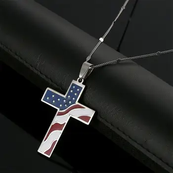 Неръждаема Стомана, Емайл Християнски Кръст, Исус Религия Висулка Колие Американски Флаг на САЩ Бижута