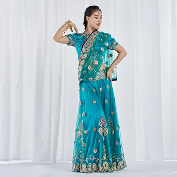 2019 Танцови За изказвания, Рокли за танци, Индийски Танци Бродирана Болливудский костюм, комплект от 3 бр. (Топ, пола и Сари)
