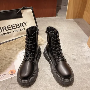 Черни дамски обувки на дебела подметка; колекция 2021 г.; модни ботильоны на дебела подметка; дамски обувки; дизайнерски армейските обувки от изкуствена кожа в стил пънк; женски