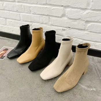 Женски обувки в корейски стил; колекция 2022 г.; съвременните Модни обувки; сезон есен-зима; Нов дамски обувки до средата на глезена; ежедневни обувки на висок ток; дамски обувки