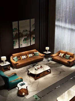 Эбонитовый дебел кожен диван голям размер скандинавски прост модерен кожен диван за хола комбинирана новата европейска мебели