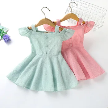 Лятото клетчатое рокля на Подтяжках За малки момичета, Обикновена Плажни рокли Трапецовидна Форма в корейски стил, Скъпа детски Дрехи