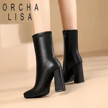ORCHA LISA/ Класически дамски обувки 17,5 см с квадратни пръсти на Високо блок ток 10 cm с цип, голям Размер 34-44, Однотонная Модни пикантни обувки