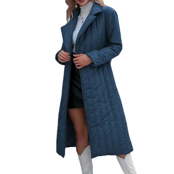 Нова деликатна и тънка дълга дрехи с памучен хастар, монофонични темпераментна колан с ревера, гъст топло дамско палто от полиестерни влакна