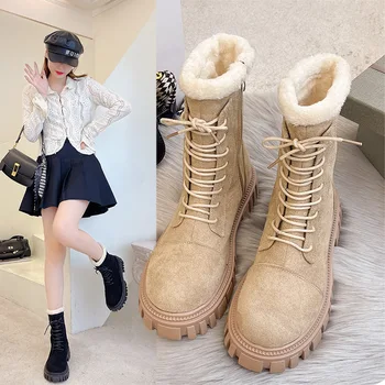 Зимни зимни обувки на платформа, дамски обувки до средата на прасците, плюшен топло дамски обувки, 2021 г., британски Модни Високи обувки дантела, 6