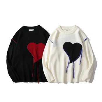 Вязаный Пуловер с Пискюли във формата на сърце в стил Харадзюку, Мъжки Пуловер в стил хип-хоп, ретро, Всекидневни Свободен Пуловер с Кръгло деколте в стил Колеж, Двойни Унисекс