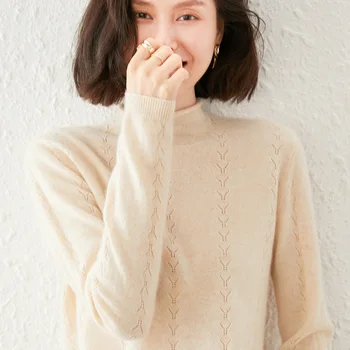 Вълнен пуловер женски есенно-зимния нов стил на 100% вълнен вязаный пуловер с дълги ръкави и високо деколте, без всекидневни пуловер