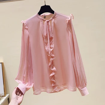 Плисирани Розова Блуза за Жените 2021 Пролет Лято е Нов Елегантен Шифоновый Топ с Пищни Ръкави, Дамски Дамски Риза