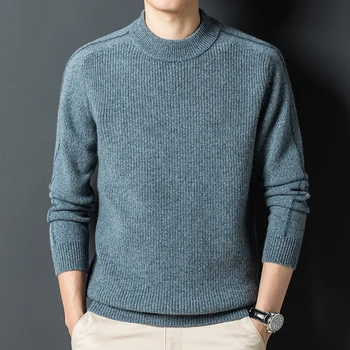 Дебели 100% чист пуловер с кръгло деколте, монофонични есенно-зимния монтиране корейски модерен тънък зимен мъжки пуловер.