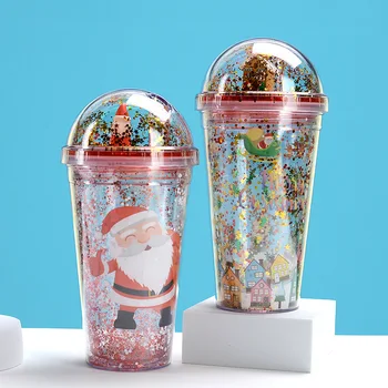 Мультяшная Коледна Чаша за Вода, Нова двупластова Пластмаса Слама Чаша, Креативна Коледен Подарък Чаша, Кукла, Флаш Захар, Чаша