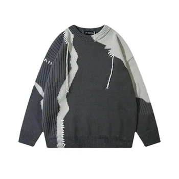 Вязаный мозайка HOUZHOU Мъжки пуловери Мъжки хип-хоп, пънк Мъжки пуловер с дълъг ръкав Сплайсированные градинска Есен Зима японски