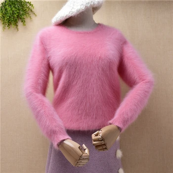 дами жени сладък розов космат пухкави ангорский кожа заек възли тънки долни блузи пуловер норковый вълнен пуловер, жилетка дръпна