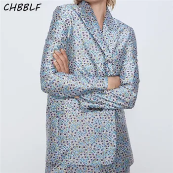CHBBLF женски елегантен ретро сако с принтом, назъбена яка, дълъг ръкав, джобове, палта, дамски ежедневни облекла, официални блузи POP2849