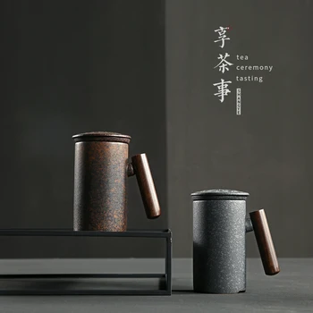 Черна керамична чаша от керамика Творческа Чаша Личност с филтър офис керамични чаши чай