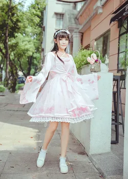 Китайски ретро стил сладка Лолита рокля превръзки бродерия сладък печат фалшиви от две части-рокля във викториански стил Kawaii момиче ОП cosplay