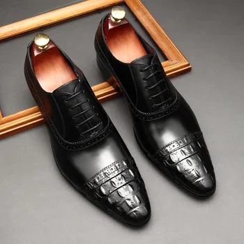 Луксозни Мъжки Oxfords Ръчна Изработка От Естествена Кожа, Черен И Кафяв Цвят, С Остри Пръсти, Дантела, Сватбени Офис Модела Обувки, Официалната Мъжки Обувки