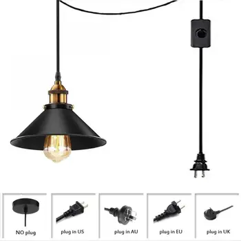 Черно Окачен Лампа, Plug До Креативному Метална Зонтику, Подвесное Осветление, Промишлени Висящи Висящи Лампи с Подключаемым Кабел