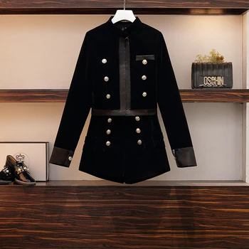 Пролетно-есенен Женски комплект от две части с голям размер, модерен Черен двубортный златен velvet яке + широки шорти с висока талия, комплект