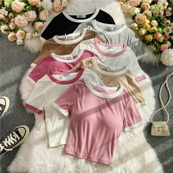GLAUKE риза женски вграден сутиен основни върхове с кръгло деколте и къс ръкав kawaii тениска женски секси топ harajuku
