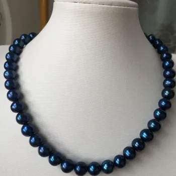 високо качество9-10 мм таитянское кръгло черно синьо перлена огърлица 18 инча сребро проба 925
