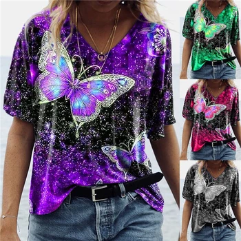 Дамска лятна тениска с принтом, Дамски Ежедневни Тениски С V-образно деколте и Къс Ръкав, Свободна Блуза с принтом пеперуди, Дамски Блузи с Къс ръкав