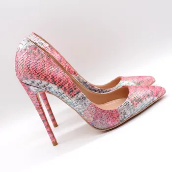Безплатна доставка, модни дамски обувки-лодки, Розова лачена кожа, с принтом змии, обувки на висок ток с остър пръсти, на висок ток 12 cm 10 cm 8 cm