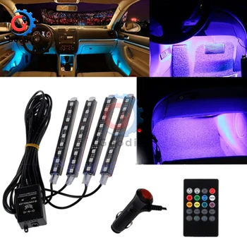 4 бр. Авто Интерни RGB Цвят на 9 Ленти Led Светлина Комплект Безжична Музика за Управление на Автоматичен Контролер 7 цвята За Атмосферата SMD5050