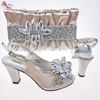 Пролет-Есен Лъскава Дизайнерски Обувки с Декорация във формата на Кристали, Комплект с Чанта Сребрист Цвят За Сватба Африкански Жени