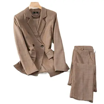 Женски костюм, есенно-зимния нов карирани модерен всекидневни бизнес костюм от висок клас, елегантен тесни панталони, женски костюм-двойка