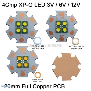 2 елемента Cree XPG XP-G 3, В 6 и В 12 и В 4 чип с 4 светодиода с Висока мощност led Емитер Студен Бял Топъл Бял Неутрален Бял Цвят с 20 мм медна печатна платка