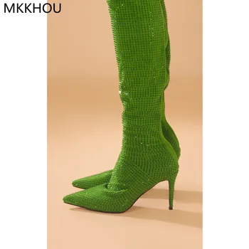 MKKHOU/Модни дамски ботуши над коляното, Нови дъх на бебето с Декорация във формата на кристали, Еластични Ботуши на Висок Ток-висок ток с остър Пръсти, Модел Обувки