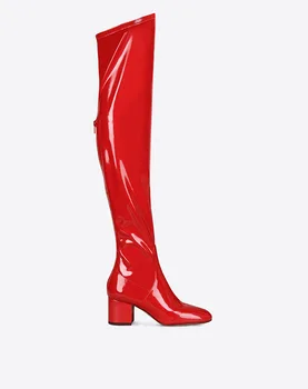 Дамски ботуши над коляното от Червена лакирана кожа Голям Размер на Квадратен ток с цип, флисовые Черни Ботуши