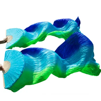 висококачествени 100% коприна на вентилатора за танца на корема, 1 чифт дълги копринени ветрила за танца на корема, Вертикални Ивици, кралско синьо + Синя + Зелена 180x90 см