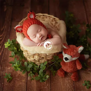 Джейн Ан Зее новородено сладък фокс кукла моделиране снимка моделиране на зелено растение ратан подпори кошница комбинация