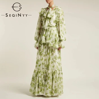 SEQINYY Елегантна Шифоновое рокля 2021, Пролет-Есен, Нов Модерен Дизайн, Женствена Рокля с ръкави-фенерчета и Накъдрен, Каскадни рокля с дължина до Глезена, чрез шнурове