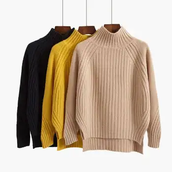 Пуловер с висока воротом, пуловер, женски есенно-зимния Корейски пуловер свободна плетени, кратък дълъг ръкав отпред, кратък отзад, дълги Дебели топ